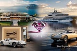 Collage of the world’s most expensive items in 2025 — a billion-dollar mansion, rare pink diamond, luxury yacht, and vintage Ferrari.