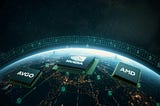 Nvidia microchip centered between AMD and AVGO chips floating above Earth in space, symbolizing the global semiconductor and AI technology market.
