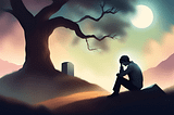 Illustration of a sad man sitting in a cemetery near a tree