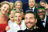 Image of famous actors, their faces are being scanned by a facial recognition model