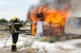 A firefighter sprays water from a hose on a small burning building.