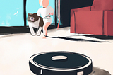 Image created by the generative AI DALL-E with the prompt “smart home device digital art robot vacuum that looks like a dog cleaning up a living room with a toddler walking around.”