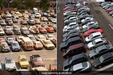 A comparison of a parking lot in the 80’s vs a modern one with more white and black cars.