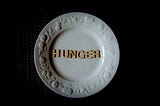 A plate with the word Hunger written on it.