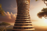 A futuristic nubian-style round high-rise building made of wood or natural materials, with somewhat irregular windows and wider at the top and bottom floors.