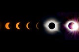 A composite of images of a total solar eclipse on a black background. Starging from the left, the Moon begins to cover the Sun demonstrated by a black disc on the Sun’s right. Each progressive picture shows the black disc covering more and more of the Sun until it completely covers it, leaving a shining white aura around the black disc. The next picture shows the burst of light as the Sun reemerges.