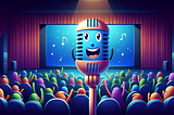 A friendly cartoon microphone narrating a story to a captivated audience of colorful animated characters on a movie screen.