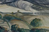 A darkly whimsical painting of a tornado in a whirling landscape