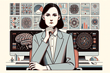 A stylized illustration of a person with medium-length hair, seated at a desk with their chin resting on their hand, suggesting deep thought or analysis. Behind them is a wall filled with detailed graphics, charts, and diagrams. To their right, a screen displays a large, detailed illustration of a brain, echoing the theme of thought and cognition present throughout the image. The colour scheme is muted with a vintage feel, and the person’s attire appears formal, with a collared shirt and blazer.