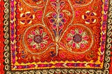 Close-up shot of intricate embroidery on a Palestinian thob (a kind of dress)