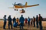 A group of people gather in an open field as a small airplane drops supplies from above