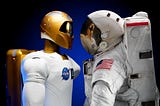 An image of two space suits facing each other. Robonaut, a human like robotic astronaut, on the left. A NASA human astronaut in a NASA space suite.