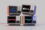 The image shows 4 old-school TVs with the logos for Disney+, Apple TV+, Netflix, and Prime Video on them.