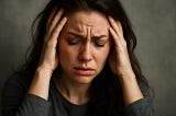 A distressed woman with closed eyes presses her hands to her temples, her brow furrowed in pain or overwhelm. The image conveys emotional tension, anxiety, and the silent weight of internal struggle.