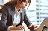 A focused businesswoman in a smart suit sits at her desk. Her expression is one of urgency as she types rapidly on the keyboard, trying to meet a tight deadline.