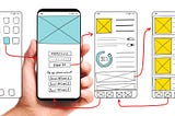 An image of someone holding a phone. The phone has some wireframes and arrows linking them together