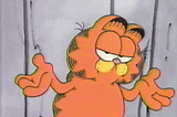 Garfield (orange cartoon) shrugging and blinking with both hands lifting up from his sides