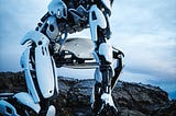 A sleek humanoid robot kneels on rocky ground at the edge of water, poised like a runner at the starting line — symbolizing readiness, momentum, and the drive to lead in the AI-powered future.