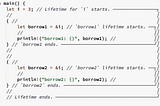 Trecho de código em Rust. Função main contento 3 escopos. O exemplo mostra como o processo de "{}" delimita escopos dentro da função main