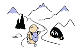 A hamster with a backpack is walking on a mountain trail. A pair of eyes are watching him from a dark cave.