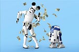 Two Star Wars characters dancing in money falling from the sky