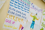 a poster that repeatedly says never, ever, give up, stay strong