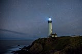 A lighthouse on a cliffside by the ocean on a star speckled night