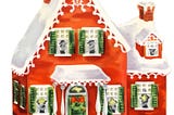 Vintage illustration of a snowy cottage that resembles a gingerbread house