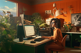 A female developer in orange sat at a computer