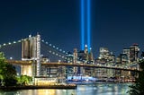 Two Blue lights in manhattan skies, in memory of the twin towers.