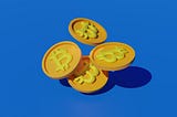 Cartoon graphic of bitcoin — 4 bright gold coins on a bold blue background