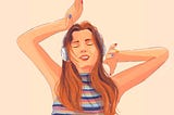Digital illustration of a young woman dancing to the music she’s hearing on her headphones