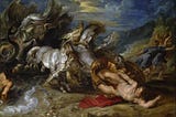 A classical painting of Theseus’s son Hippolytus falling from a chariot, nude, during a race. The chariot is gold and pulled by large white horses.