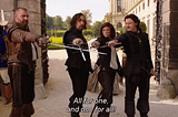 Gif of four swordsmen, the Three Musketeers and Dartanian, raising their crossed swords together. Text on the meme reads “All for one and one for all”