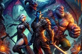 Three humanoid fantasy characters, a warrior, an elf, and a dwarf, confront a menacing dragon in a dark cavern with vivid, colorful, and hyper-realistic details.
