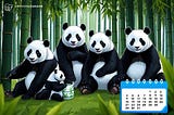 A group of pandas gathered in a bamboo forest, with a calendar showing the date of the upcoming airdrop listing