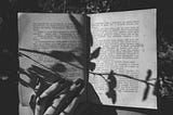A book opened with the shadow of a plant on top of it.