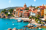 A picturesque view of Mallorca with Mediterranean architecture and coastal scenery, featuring subtle digital interfaces and AI icons, symbolizing real estate and technology fusion.