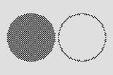 Two circular patterns on a gray background: the left circle is filled with a dense black-and-white checkerboard grid, while the right circle is outlined with the same pixelated pattern but left empty in the center. The image illustrates contrast between filled and outlined digital textures.