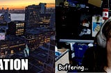 On the left, a picture of Manhattan and “expectation”. On the right, a dubious Googler at home with static and “Buffering”.