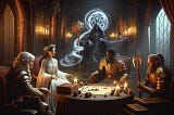 Dungeons and Dragons characters play a tabletop boardgame. A princess, a wizard, a barbarian and rogue play at the table.