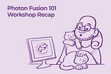 An illustration of Marty and his cats, next to a monitor with the Photon Fusion logo on it. To the top left corner is the blog’s title.