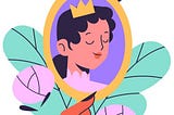Illustrated image of the magic mirror from Snow White fairy tale. Showing the face of a princess in the reflection