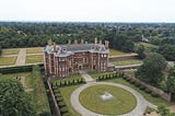 Ham House — a 17th Century manor house and grounds in South West London. Aerial photo showing the house and circular drive