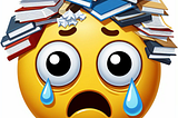 Yellow emoji crying face with an assortment of books and paper on its head.