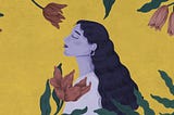 An illustration of a purple woman’s profile on a yellow backdrop surrounded with foliages and flowers.