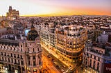 A panoramic view of central Madrid at sunset