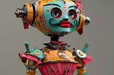 A photorealistic AI generated image of a robot with a moustache, lipstick, wearing a pink pleated top.