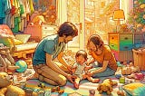 ilustração colorida de uma família japonesa, composta por um bebê, mãe e pai, vestidos com roupas confortáveis, brincando alegremente no chão de um quarto de bebê repleto de brinquedos espalhados, evocando uma mistura de design moderno vibrante com nostalgia de livros infantis clássicos.