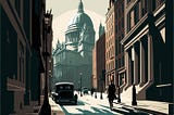 A vintage London street scene, St Paul’s Cathedral in background, angular light, long shadows, vector graphic, deep blacks, ocean colour pallete, clean lines, outstanding restrained illustration, digital screenprint